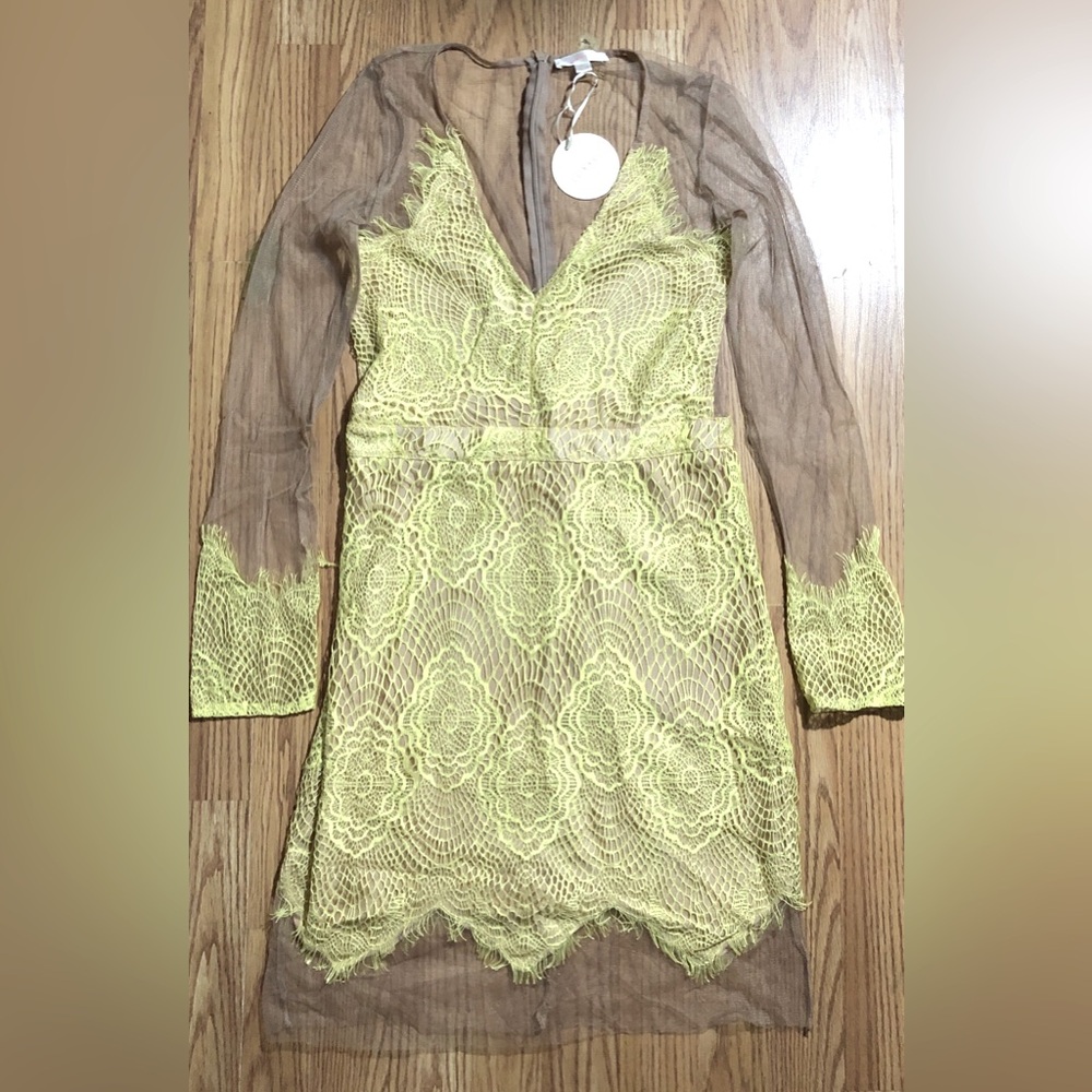 LUXXEL Women’s L Yellow Beige Sheer Lace Dress Mini Floral Design